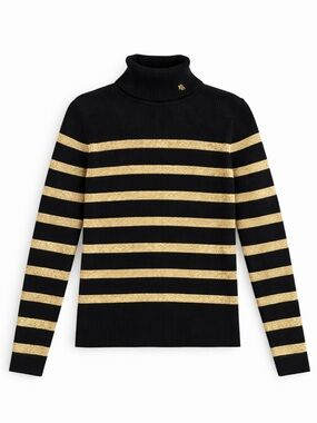 LAUREN RALPH LAUREN Y2K ribbed turtleneck sweater black gold metallic stripe M
